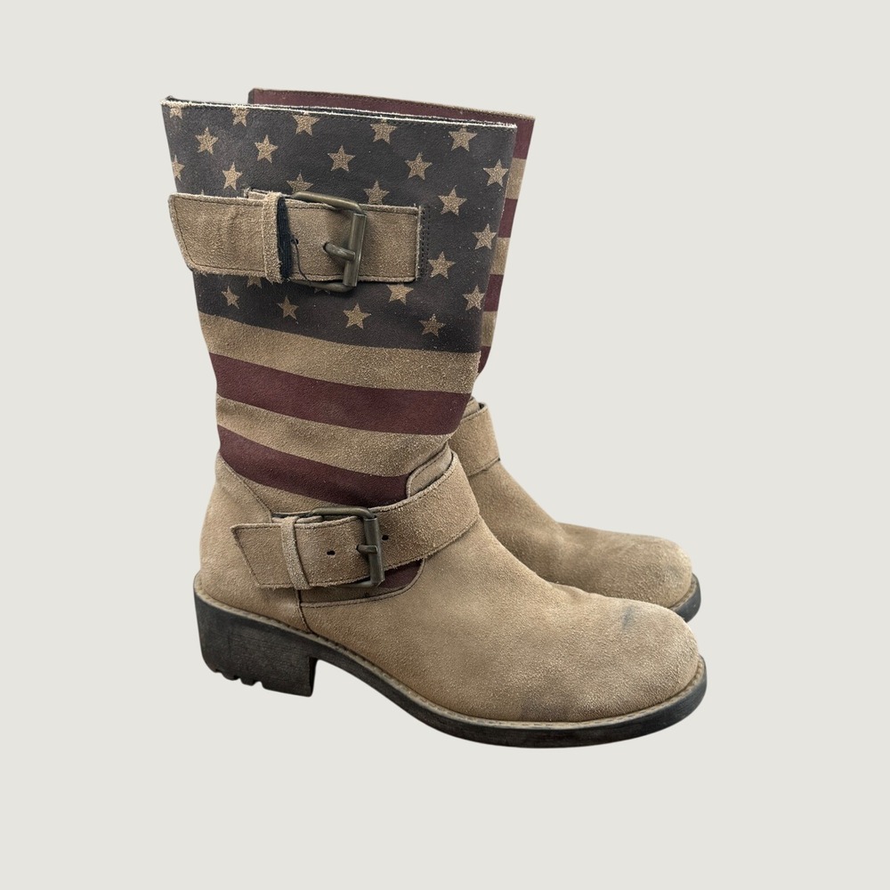 Sbicas American Flag Suede‎ Moto Boots Size 6 Tan Patriotic Stars Stripes